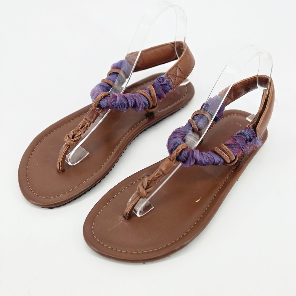 Free People Havana T-Strap Slingback Sandal Leather Purple Fabric Wrap Women 7.5